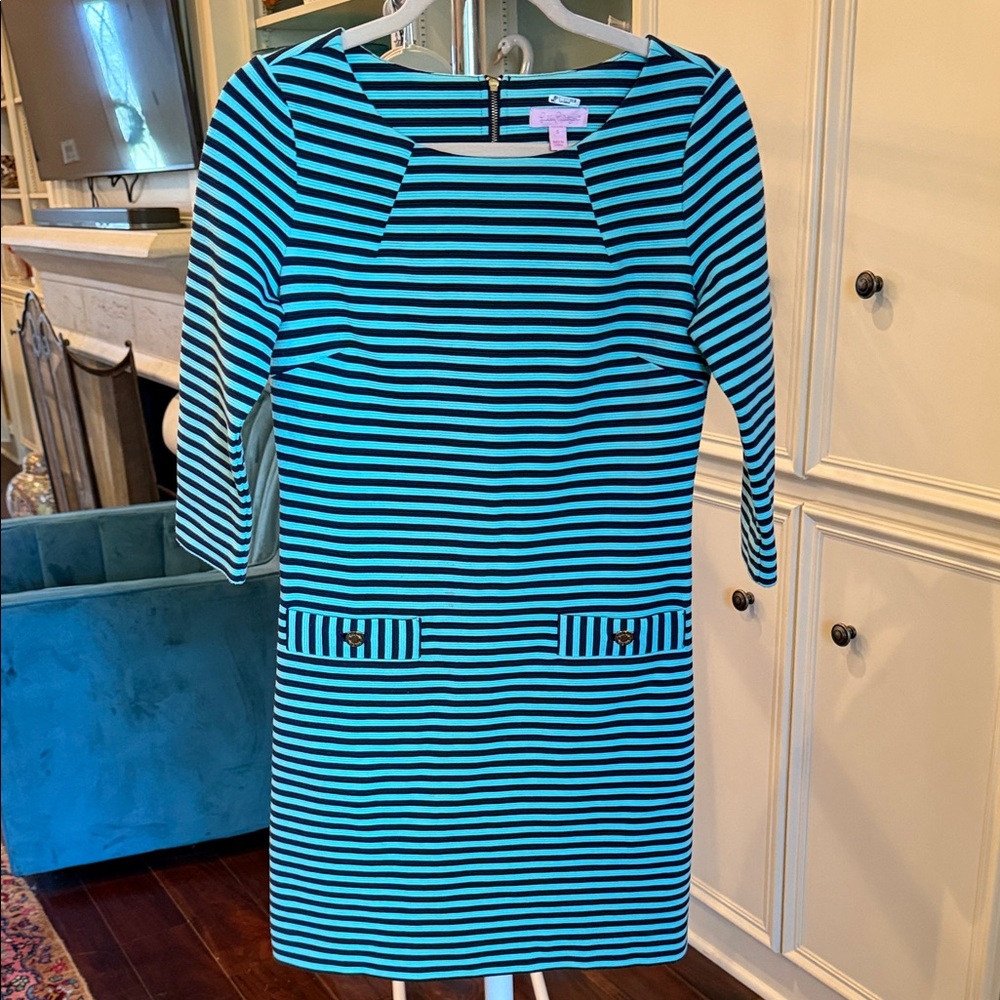 Lilly Pulitzer Teal and Navy Striped Long Sleeve Dress